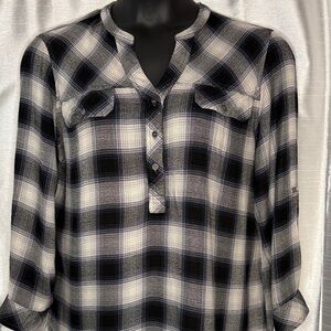 Hester & Orchard Plaid Flannel Shirt Split V Neck 1/2 Button Up Fringe Womens L